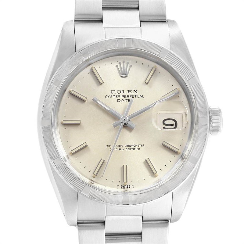 This image shows a frontal view of the Rolex Vintage Collection 1501 Men's Stainless Steel Silver Dial 1501 Men's Stainless Steel Silver Dial model, highlighting its dial, bezel, and part of the bracelet.