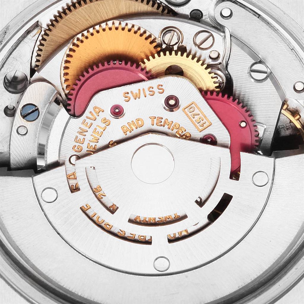 This close-up shows the intricate gears and inner mechanism of the Rolex Vintage Collection 1501 Men's Stainless Steel Silver Dial 1501 Men's Stainless Steel Silver Dial watch.