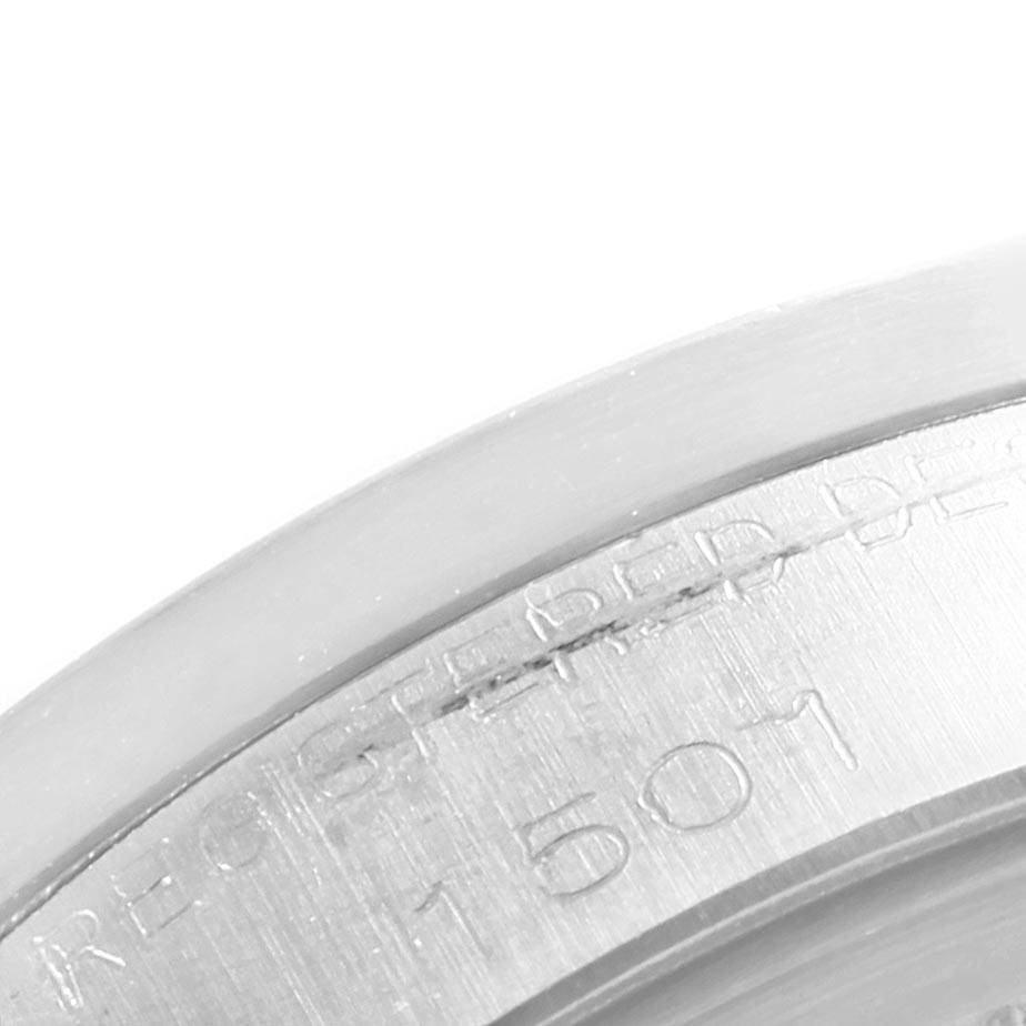 The image shows a close-up angle of the engraved reference number on the case back of a Rolex Vintage Collection 1501 Men's Stainless Steel Silver Dial 1501 Men's Stainless Steel Silver Dial model.