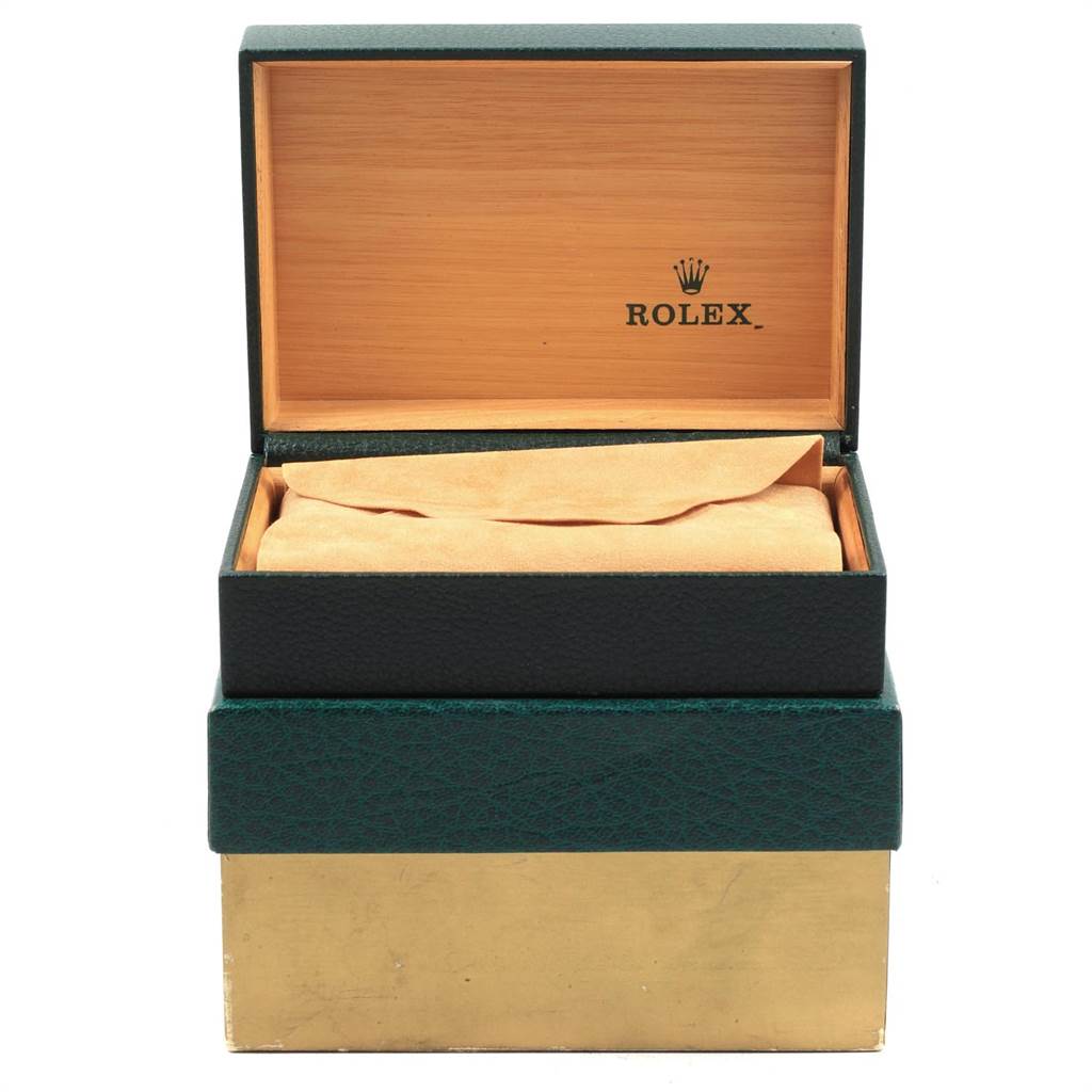 The image shows an open Rolex Vintage Collection 1501 Men's Stainless Steel Silver Dial 1501 Men's Stainless Steel Silver Dial watch box, revealing an interior with a cushion, viewed from the front.