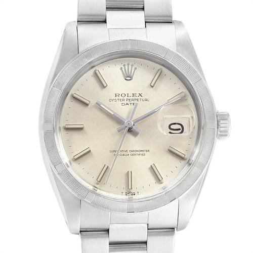 The image shows a front view of the Rolex Vintage Collection 1501 Men's Stainless Steel Silver Dial 1501 Men's Stainless Steel Silver Dial model, highlighting the dial, hands, date display, and part of the bracelet.