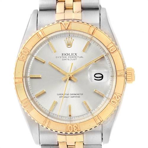 The image shows a front view of the Rolex Vintage Collection 1625 Men's Steel and Gold (two tone) Silver Dial 1625 Men's Steel and Gold (two tone) Silver Dial Oyster Perpetual Datejust watch, highlighting the dial, bezel, and bracelet.
