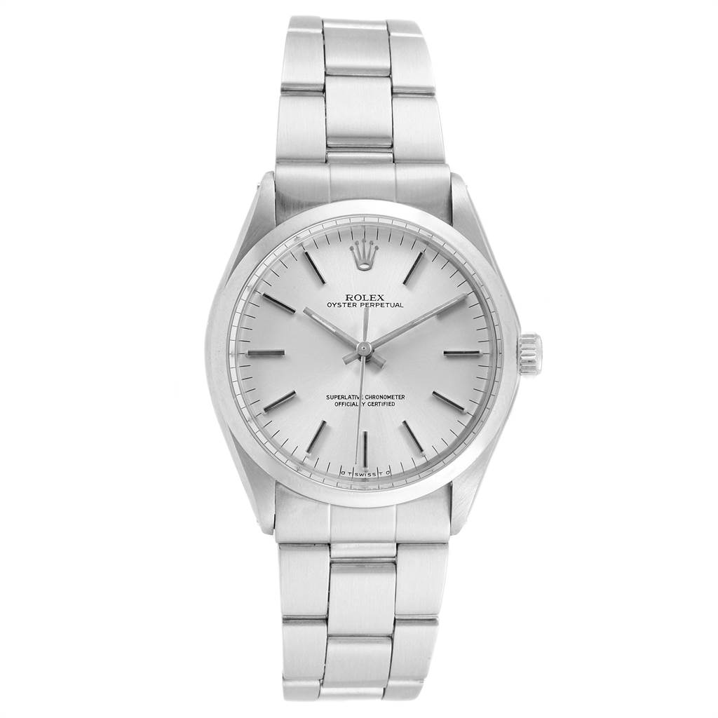 The image shows a front view of the Rolex Vintage Collection 1002 Men's Stainless Steel Silver Dial 1002 Men's Stainless Steel Silver Dial model watch, displaying its dial, hands, and stainless steel bracelet.