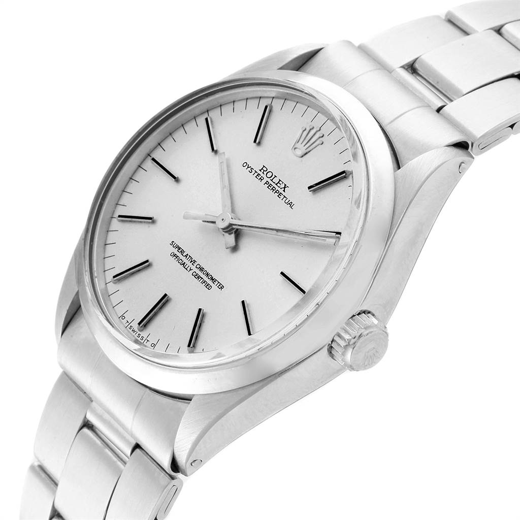 The image shows a Rolex Vintage Collection 1002 Men's Stainless Steel Silver Dial 1002 Men's Stainless Steel Silver Dial Oyster Perpetual watch, viewed from a front-side angle showcasing its dial and bracelet.