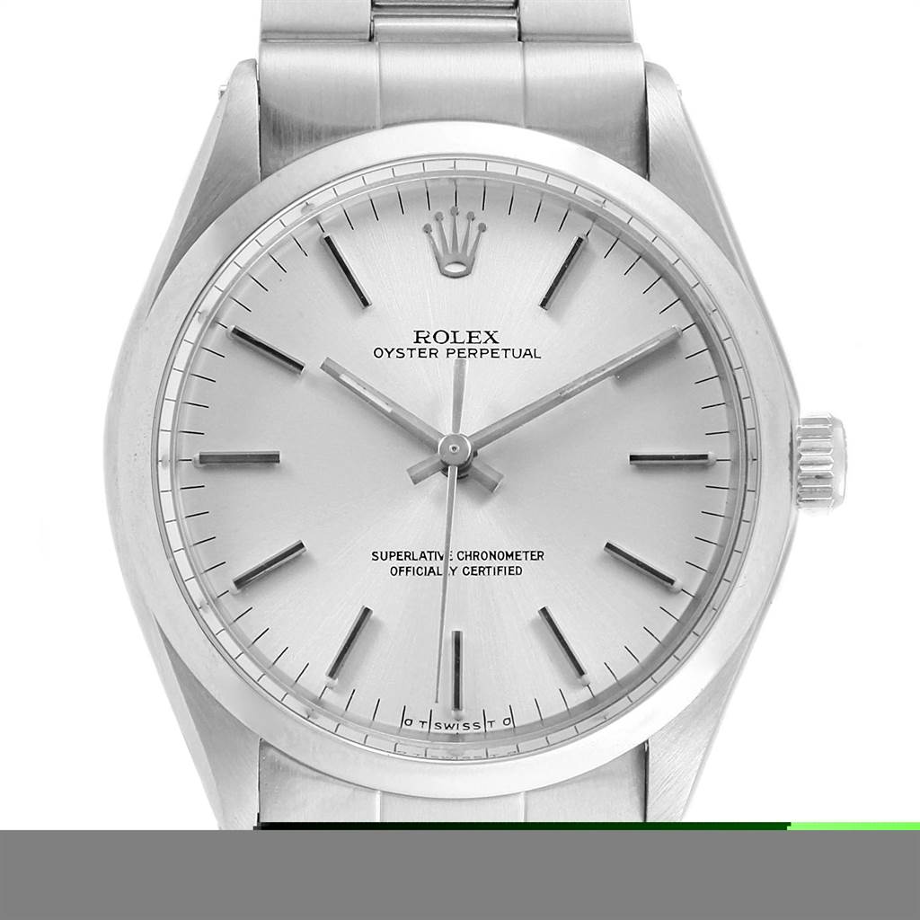 The image shows a front view of a Rolex Vintage Collection 1002 Men's Stainless Steel Silver Dial 1002 Men's Stainless Steel Silver Dial Oyster Perpetual watch, displaying its face, dial, crown, and a portion of the bracelet.