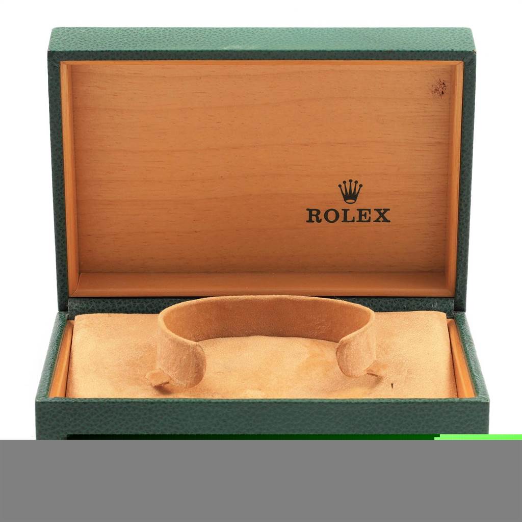 The image shows an open Rolex Vintage Collection 1002 Men's Stainless Steel Silver Dial 1002 Men's Stainless Steel Silver Dial watch box with cushioning, angled to display the logo inside the lid.