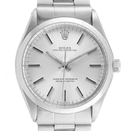 This image shows a Rolex Vintage Collection 1002 Men's Stainless Steel Silver Dial 1002 Men's Stainless Steel Silver Dial watch from a front angle highlighting its dial, hands, and part of the metal bracelet.