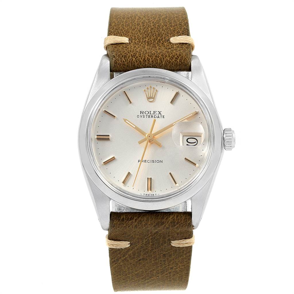 This is a front view of a Rolex Vintage Collection 6694 Men's Stainless Steel Silver Dial 6694 Men's Stainless Steel Silver Dial watch showing its dial, case, crown, and leather strap.