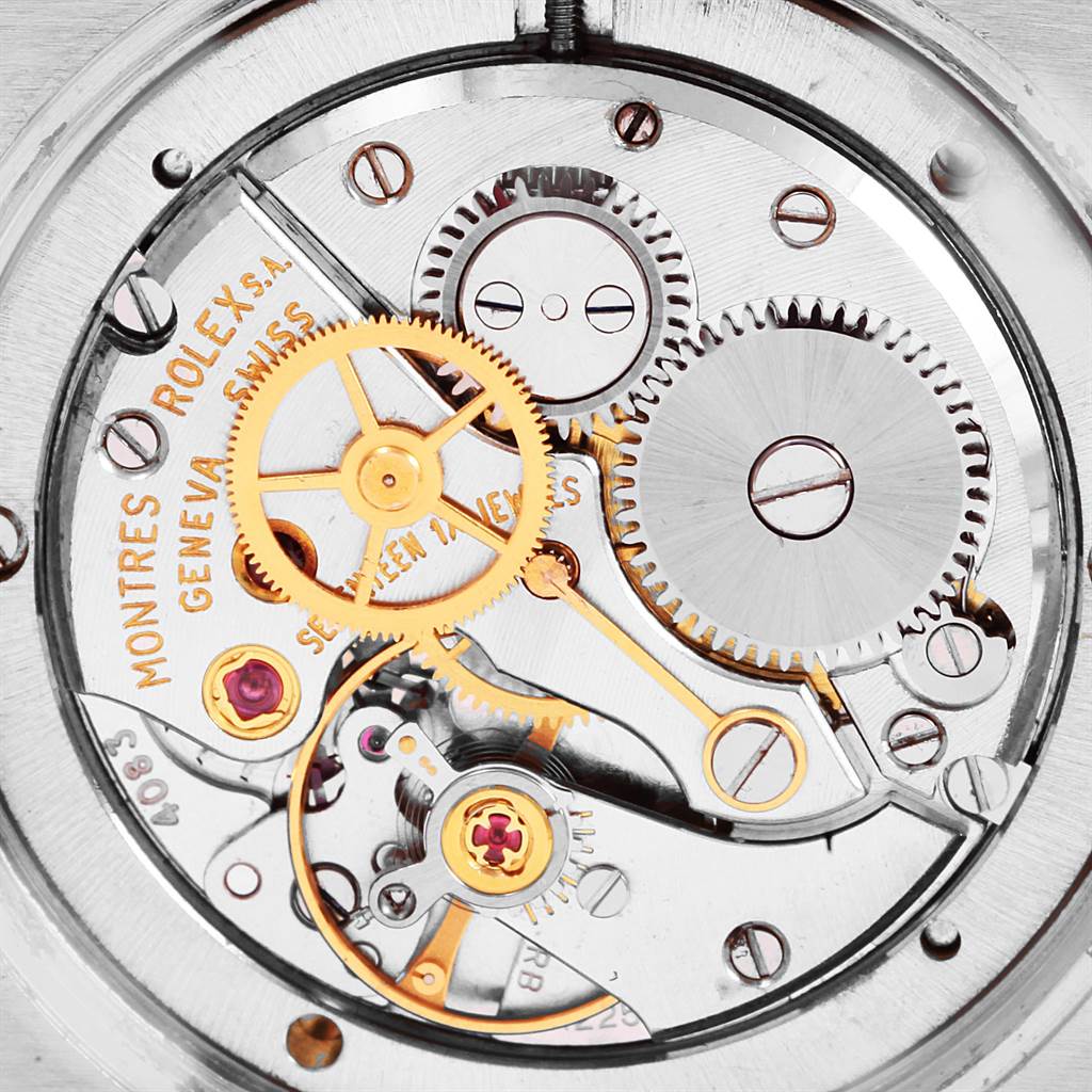 The image shows the intricate internal mechanism of the Rolex Vintage Collection 6694 Men's Stainless Steel Silver Dial 6694 Men's Stainless Steel Silver Dial watch from a close-up, top-down angle.