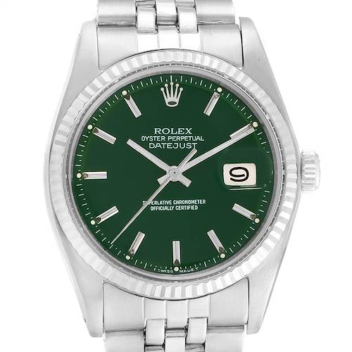 The image shows a frontal view of a Rolex Vintage Collection 1601 Men's Stainless Steel Green Dial 1601 Men's Stainless Steel Green Dial Datejust watch, highlighting its green dial and date window.