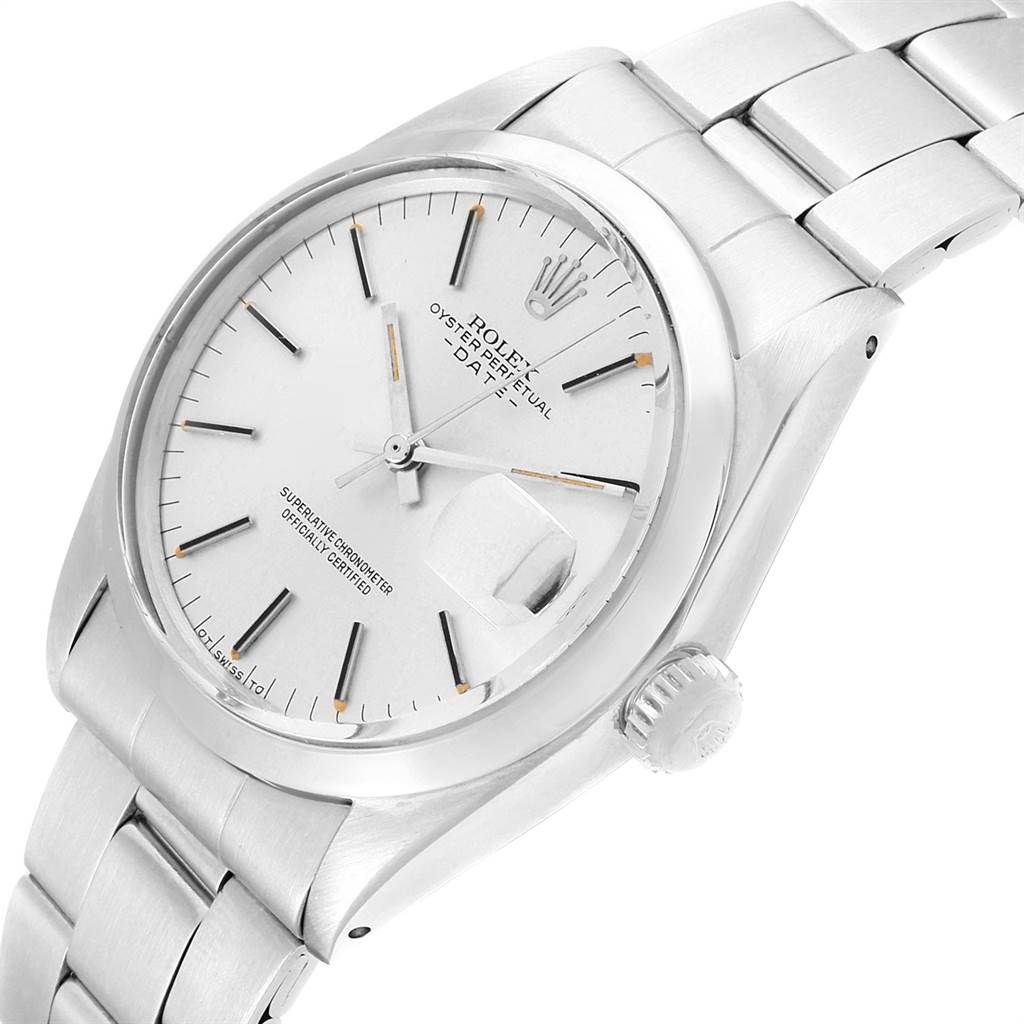 The image shows the Rolex Vintage Collection 1500 Men's Stainless Steel Silver Dial 1500 Men's Stainless Steel Silver Dial watch at an angled view, highlighting the face, bezel, bracelet, and crown.