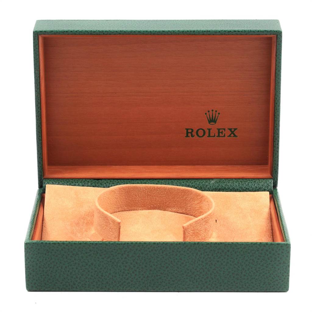 The image shows an open Rolex Vintage Collection 1500 Men's Stainless Steel Silver Dial 1500 Men's Stainless Steel Silver Dial watch box with an interior cushion, viewed from the front.