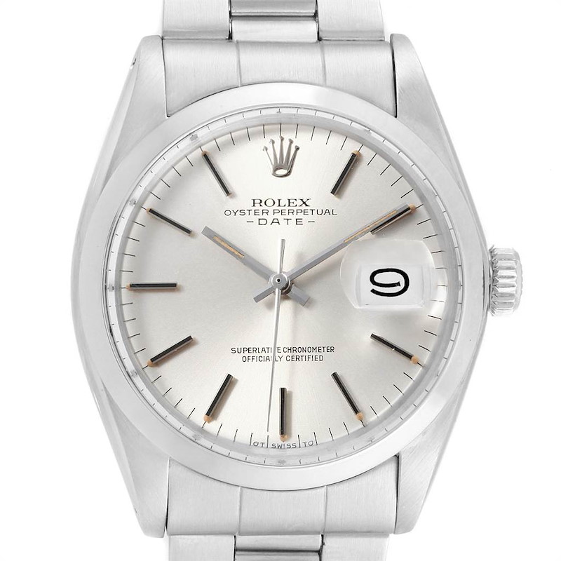 This image shows a close-up front view of a Vintage Collection Rolex Oyster Perpetual Date watch.