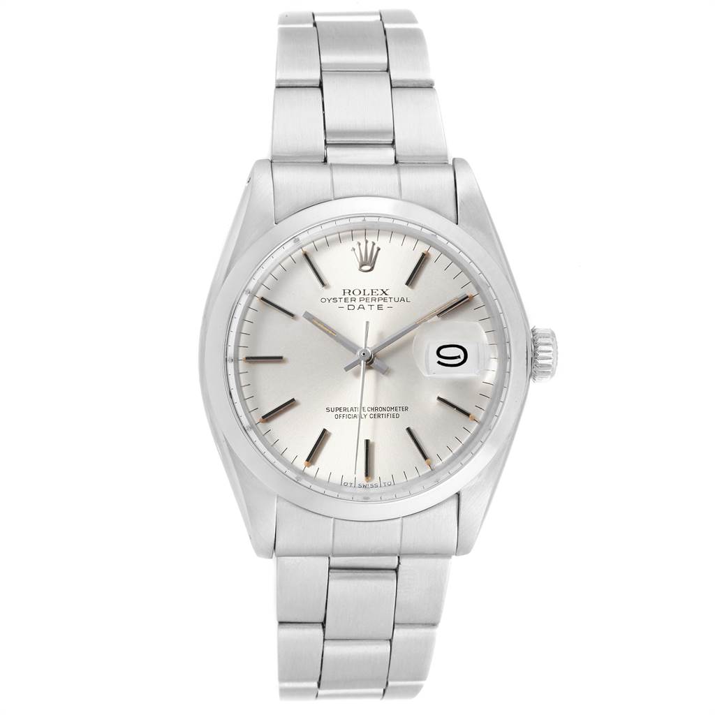 This is a front view of the Rolex Vintage Collection 1500 Men's Stainless Steel Silver Dial 1500 Men's Stainless Steel Silver Dial Oyster Perpetual Date, showing its face, dial, and bracelet.