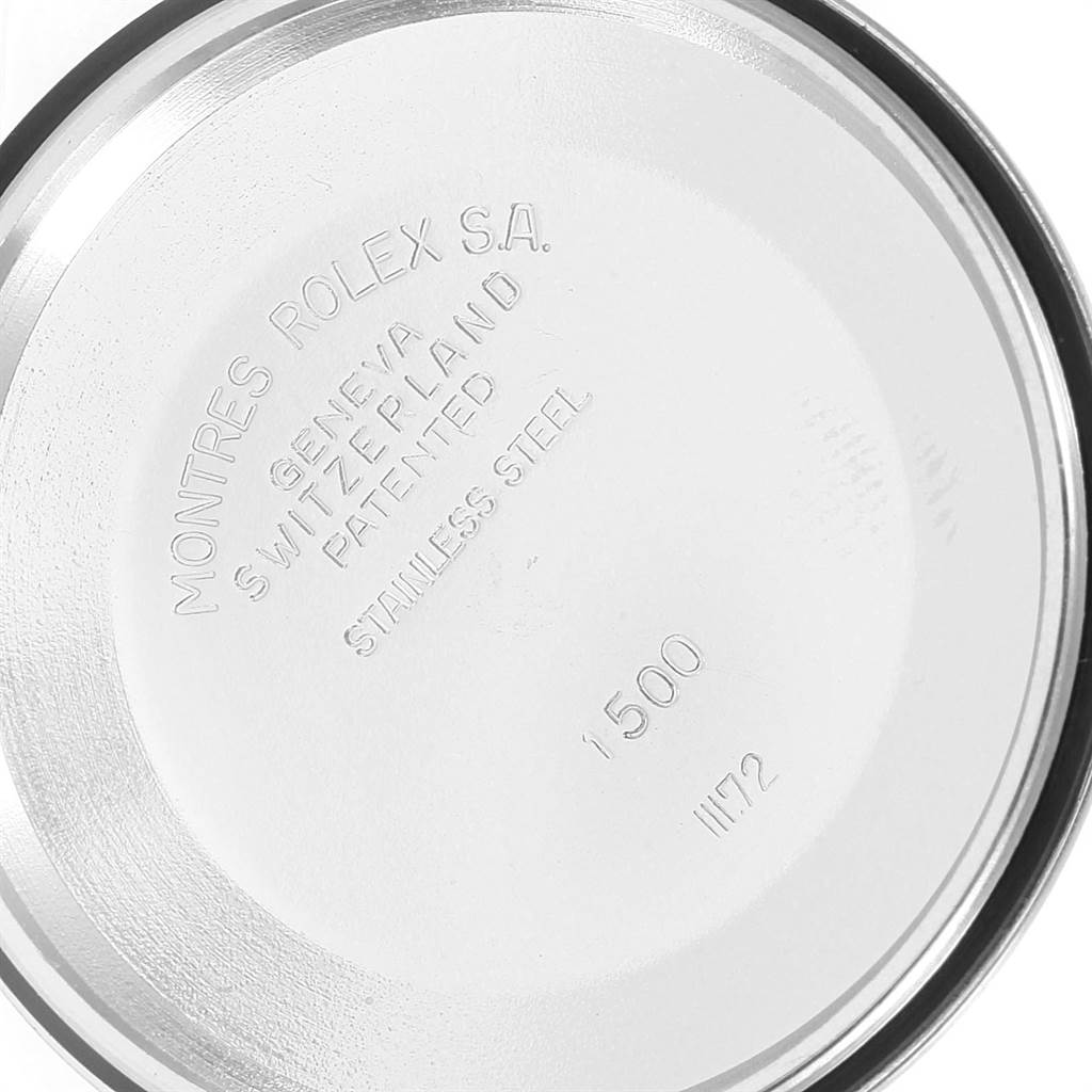 The image shows the inner case back of a Rolex Vintage Collection 1500 Men's Stainless Steel Silver Dial 1500 Men's Stainless Steel Silver Dial model.