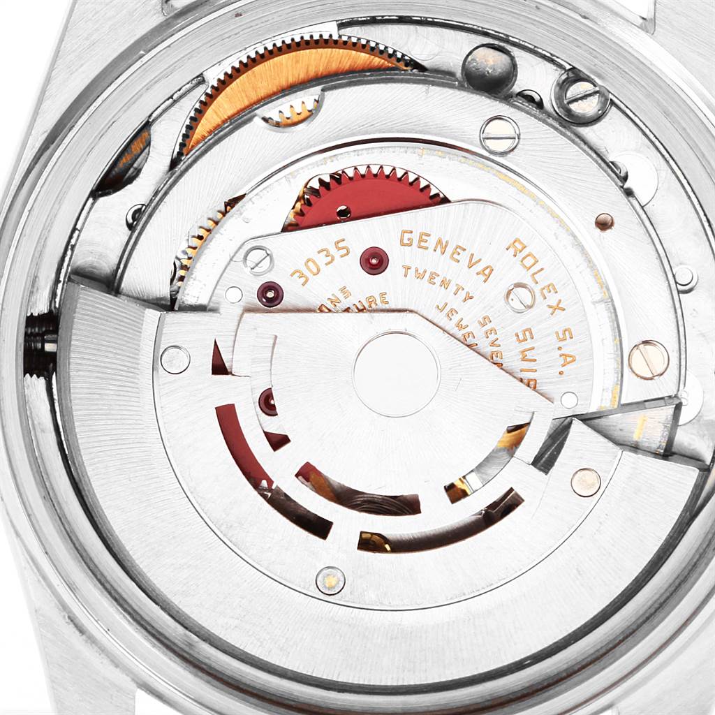 The image shows the internal mechanism of a Rolex Vintage Collection 16013 Men's Stainless Steel Black Dial 16013 Men's Stainless Steel Black Dial watch, model 3035, with gears and movement parts visible.