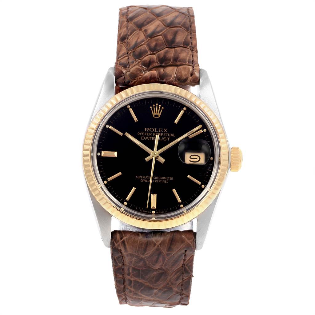 The Rolex Vintage Collection 16013 Men's Stainless Steel Black Dial 16013 Men's Stainless Steel Black Dial model is shown from the front, featuring its dial, bezel, crown, and leather strap.