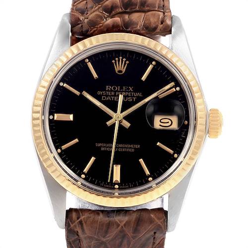 This is a front view of a Vintage Collection Rolex watch, showing its face, bezel, crown, and leather strap.