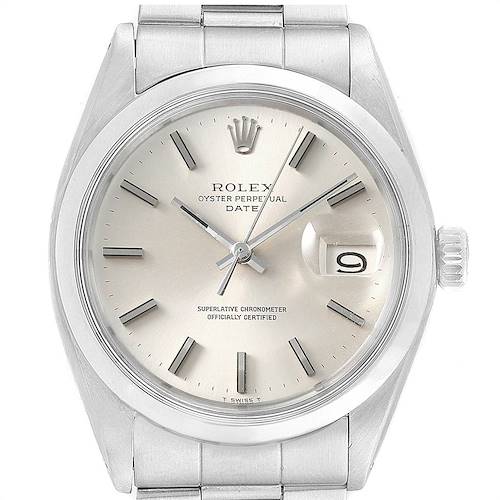 The image shows a front view of a Rolex Vintage Collection 1500 Men's Stainless Steel Silver Dial 1500 Men's Stainless Steel Silver Dial Oyster Perpetual Date watch, displaying the dial, hands, markers, date window, and crown.