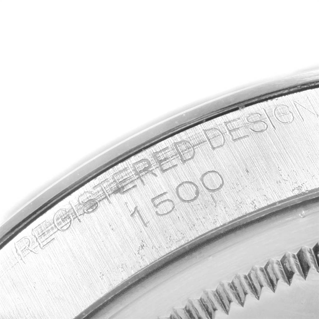 This image shows a close-up of the side bezel with the model number 1500 engraved on a Rolex Vintage Collection 1500 Men's Stainless Steel Silver Dial 1500 Men's Stainless Steel Silver Dial watch.