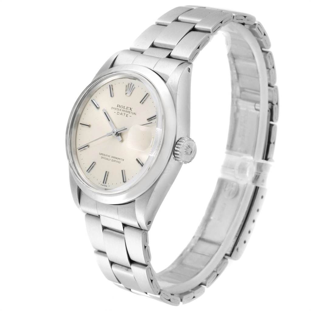 The Rolex Vintage Collection 1500 Men's Stainless Steel Silver Dial 1500 Men's Stainless Steel Silver Dial watch is shown at a slight angle, detailing the face, bezel, case, crown, and steel bracelet.