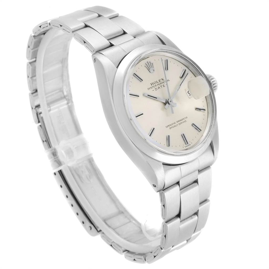 The image shows a side angle of the Rolex Vintage Collection 1500 Men's Stainless Steel Silver Dial 1500 Men's Stainless Steel Silver Dial watch, highlighting the face and the bracelet.