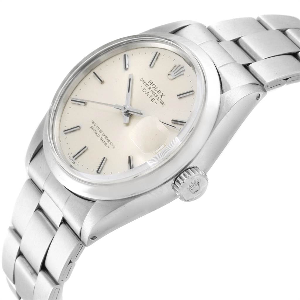 The Rolex Vintage Collection 1500 Men's Stainless Steel Silver Dial 1500 Men's Stainless Steel Silver Dial model is shown at a tilted angle, displaying its dial, case, bracelet, and crown.