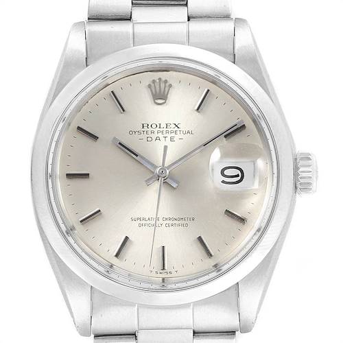 The image shows a front view of a Rolex Vintage Collection 1500 Men's Stainless Steel Silver Dial 1500 Men's Stainless Steel Silver Dial Oyster Perpetual Date watch, displaying the face, dial, and bracelet.