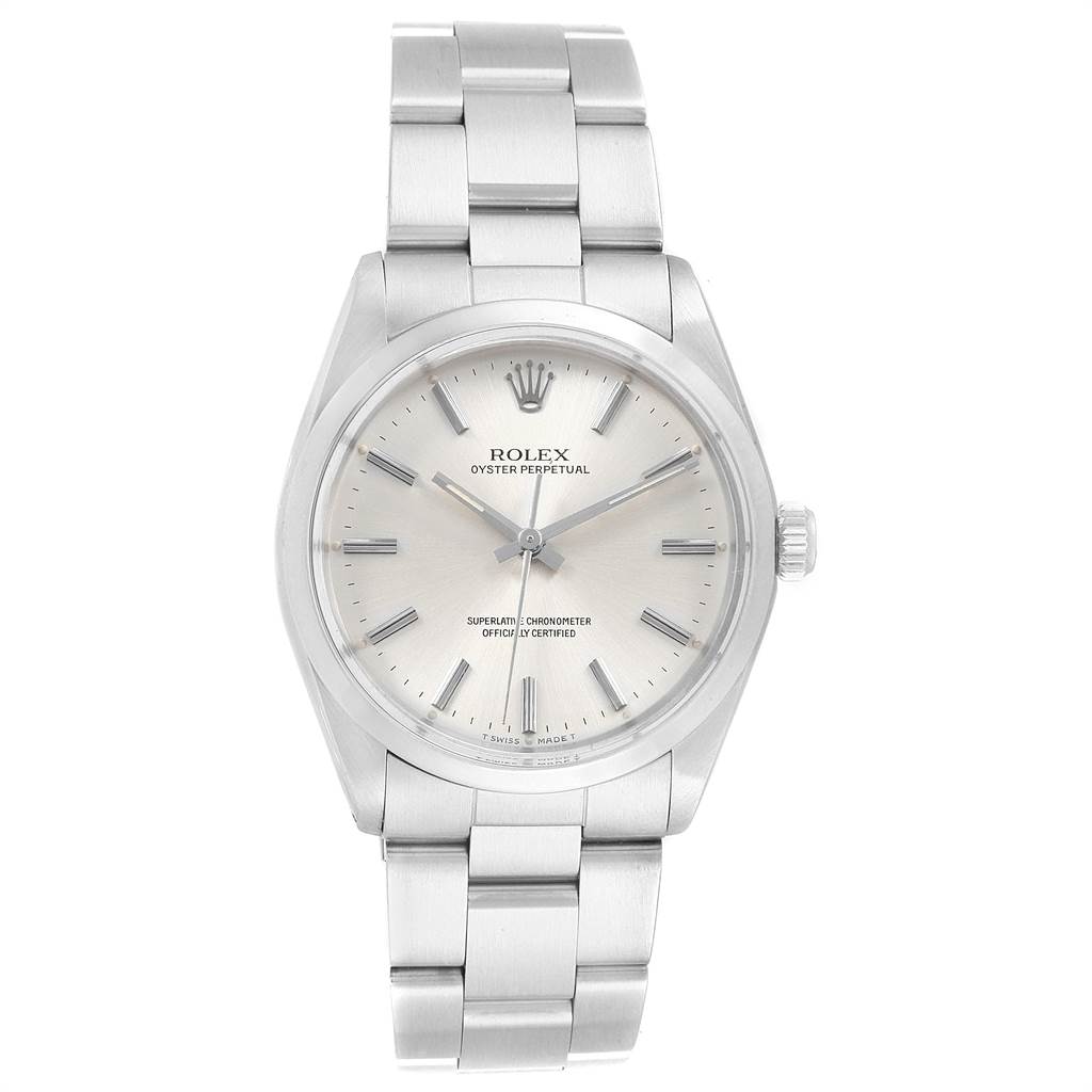 The image shows a front view of the Rolex Vintage Collection 1002 Men's Stainless Steel Silver Dial 1002 Men's Stainless Steel Silver Dial watch, displaying its dial and metal bracelet.