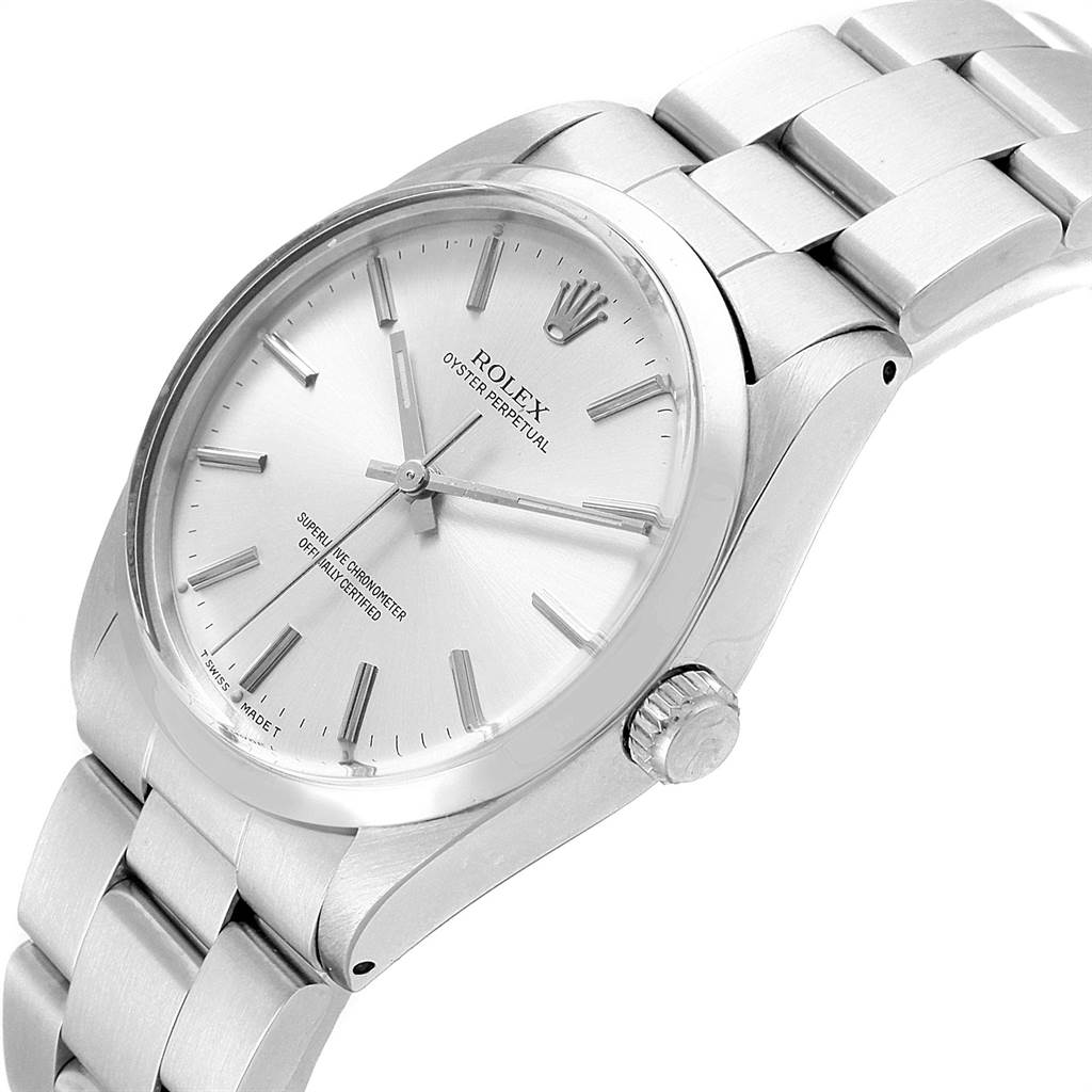 The Rolex Vintage Collection 1002 Men's Stainless Steel Silver Dial 1002 Men's Stainless Steel Silver Dial model is shown from a three-quarter angle, displaying the watch face, bezel, crown, and bracelet.