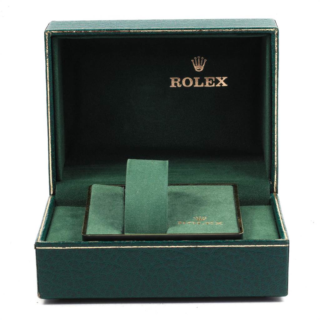 The image shows an empty green watch box for the Vintage Collection model by Rolex, viewed from the front.
