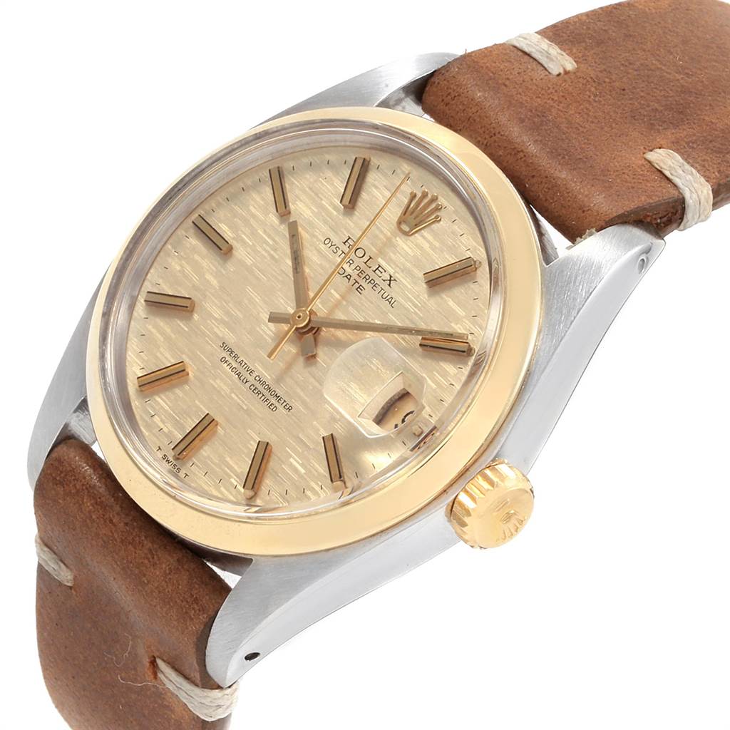 This image shows a close-up angled view of the Rolex Vintage Collection 1500 Men's Stainless Steel Silver Dial 1500 Men's Stainless Steel Silver Dial watch, highlighting the face, bezel, crown, and brown leather strap.