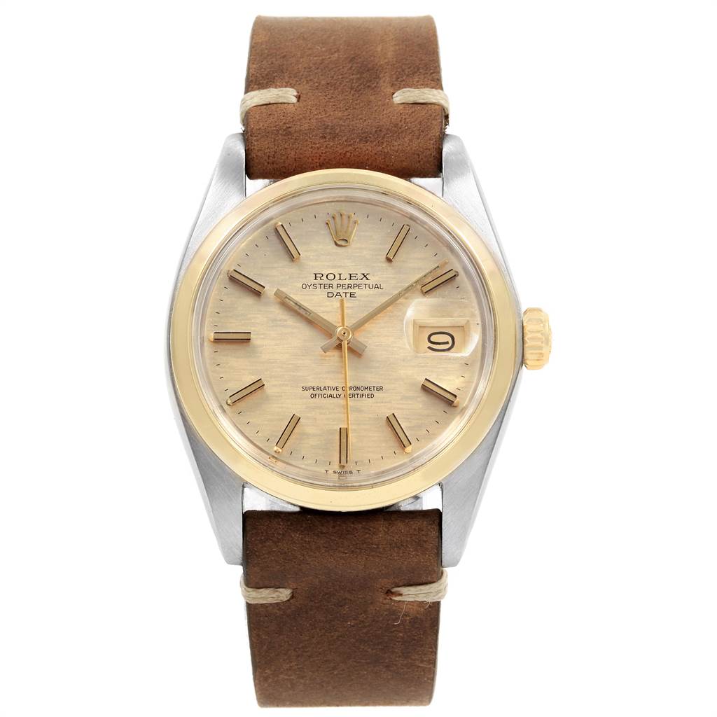 The Rolex Vintage Collection 1500 Men's Stainless Steel Silver Dial 1500 Men's Stainless Steel Silver Dial model watch is shown from a straight-on angle, displaying its face, case, crown, and leather strap.