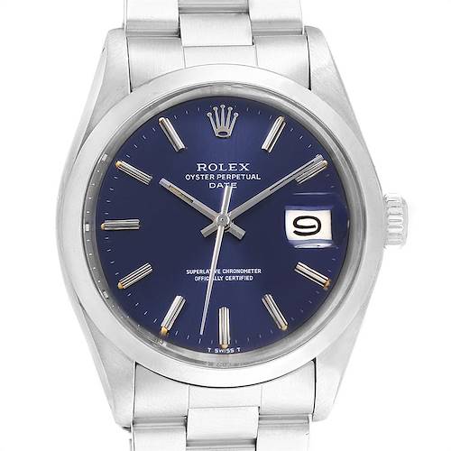 This image shows the front view of a Rolex Vintage Collection 1500 Men's Stainless Steel Blue Dial 1500 Men's Stainless Steel Blue Dial watch, highlighting its dial, hands, crown, and part of the bracelet.