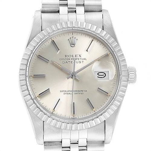This image shows a face-on view of the Rolex Vintage Collection 16030 Men's Stainless Steel Silver Dial 16030 Men's Stainless Steel Silver Dial Oyster Perpetual Datejust, highlighting the dial, bezel, and bracelet.