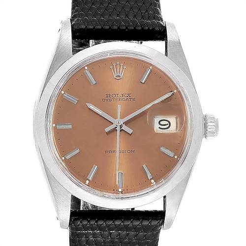 The image shows a front view of a Rolex Vintage Collection 6694 Men's Stainless Steel Brown Dial 6694 Men's Stainless Steel Brown Dial model watch featuring a tan dial, date function, and black leather strap.