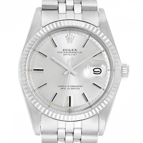 The image shows a front view of the Rolex Vintage Collection 1601 Men's Stainless Steel Silver Dial 1601 Men's Stainless Steel Silver Dial Oyster Perpetual Datejust watch, displaying the dial, hands, and bracelet.
