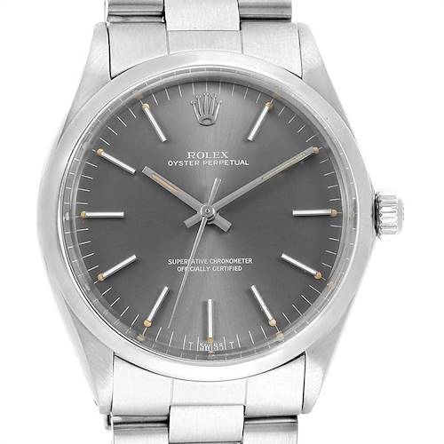 The image shows a front view of the Rolex Vintage Collection 1002 Men's Stainless Steel Grey Dial 1002 Men's Stainless Steel Grey Dial watch, highlighting the face, dial, and part of the bracelet.
