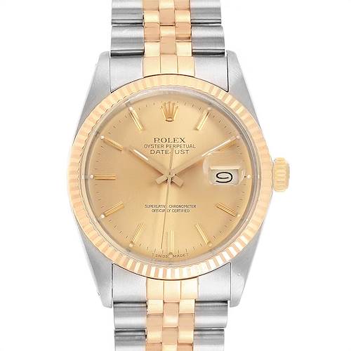 This image shows a front view of the Rolex Vintage Collection 16013 Men's Stainless Steel Champagne Dial 16013 Men's Stainless Steel Champagne Dial Datejust watch, highlighting its dial, bezel, and bracelet.
