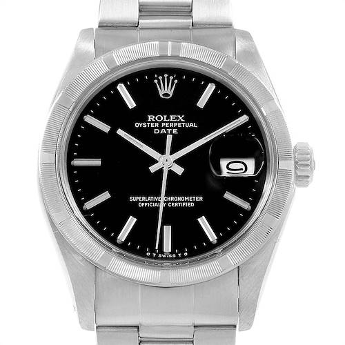 The image shows a front view of the Rolex Vintage Collection 1501 Men's Stainless Steel Black Dial 1501 Men's Stainless Steel Black Dial watch, displaying its dial, bezel, and part of the bracelet.