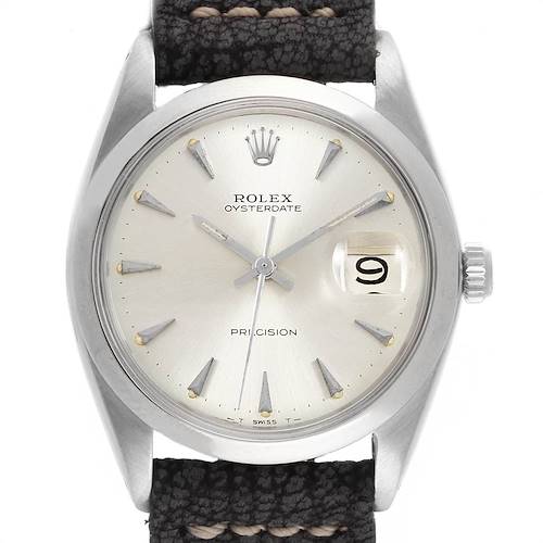 The image shows a front view of the Rolex Vintage Collection 6694 Men's Stainless Steel Silver Dial 6694 Men's Stainless Steel Silver Dial Oysterdate watch, highlighting the dial, crown, and part of the strap.
