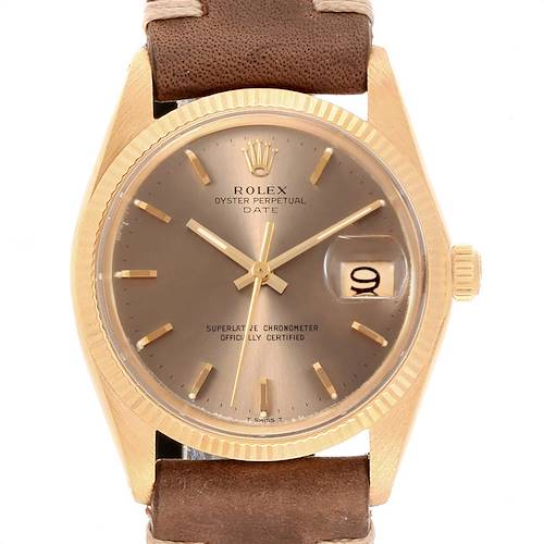 The image shows a front view of the Rolex Vintage Collection 1503 Men's Yellow Gold Brown Dial 1503 Men's Yellow Gold Brown Dial model with its brown dial, gold markers, date window, and brown leather strap.