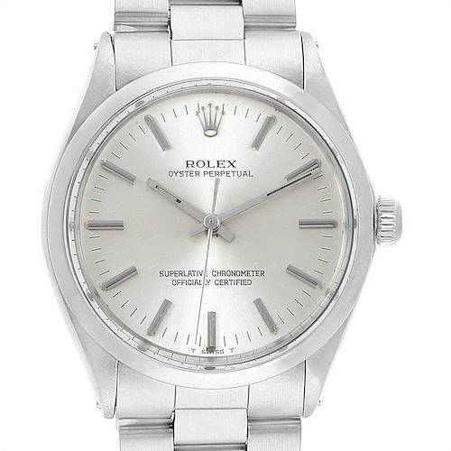 The image shows a front-facing view of a Vintage Collection Rolex Oyster Perpetual watch, displaying its dial, hour markers, hands, crown, and bracelet.
