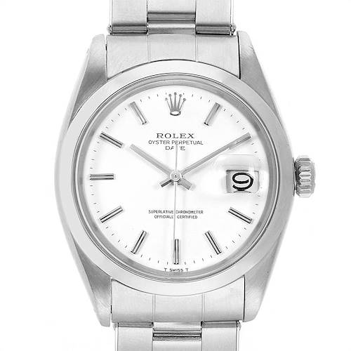 This image shows a frontal view of a Rolex Vintage Collection 1500 Men's Stainless Steel White Dial 1500 Men's Stainless Steel White Dial Oyster Perpetual Date watch, highlighting its dial, bezel, and bracelet.