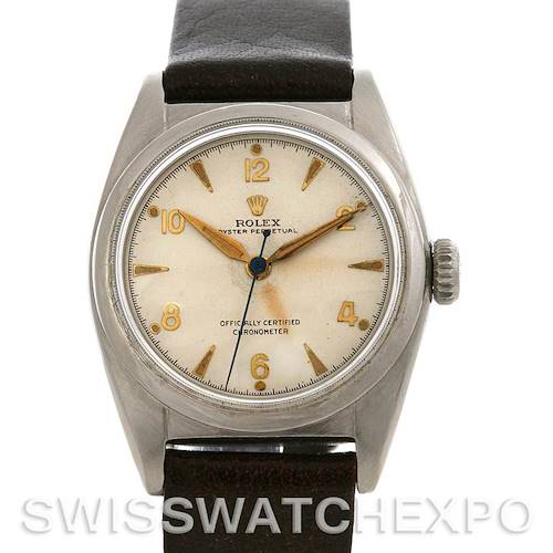 This image shows a Rolex Vintage Collection 6050 Stainless Steel Silver Dial 6050 Stainless Steel Silver Dial watch from a front angle, highlighting its dial, hands, crown, and strap.