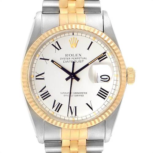 The image shows a front view of the Rolex Vintage Collection 16013 Men's Stainless Steel White Dial 16013 Men's Stainless Steel White Dial Datejust watch, displaying its dial, bezel, and part of the bracelet.