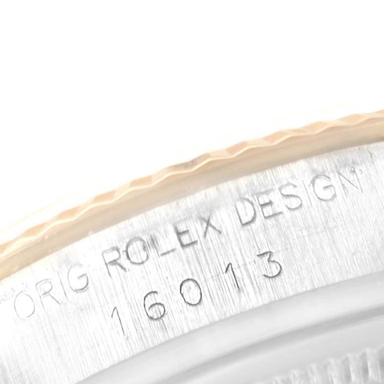 The image shows a close-up of the case edge showing the "Org Rolex Design" engraving for the Rolex Vintage Collection 16013 Men's Stainless Steel Champagne Dial 16013 Men's Stainless Steel Champagne Dial model 16013.