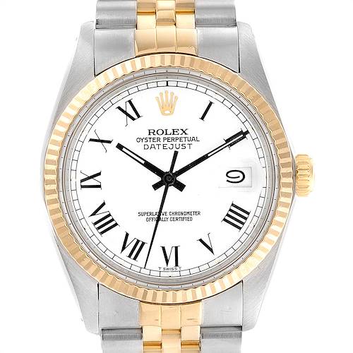 The image shows a front view of a Rolex Vintage Collection 16013 Men's Stainless Steel White Dial 16013 Men's Stainless Steel White Dial Oyster Perpetual Datejust watch with a two-tone bracelet and white dial.