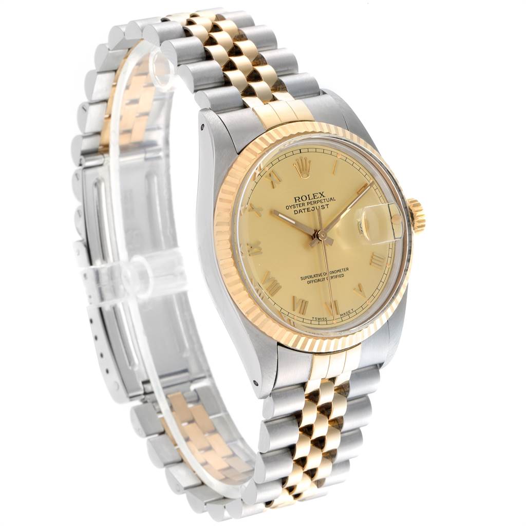The Rolex Vintage Collection 16013 Men's Stainless Steel Champagne Dial 16013 Men's Stainless Steel Champagne Dial watch is shown at a three-quarter angle, highlighting the dial, bezel, and two-tone bracelet.