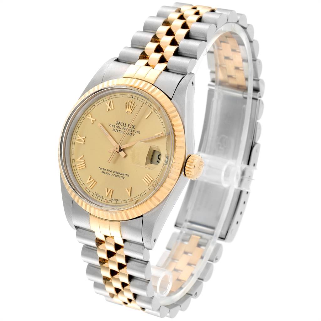 The image shows a Rolex Vintage Collection 16013 Men's Stainless Steel Champagne Dial 16013 Men's Stainless Steel Champagne Dial model watch at an angle displaying the face, bezel, crown, and part of the bracelet.